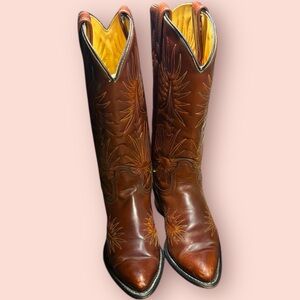 Vintage Acme Sunburst Western Boots USA Made Womens 7.5 N Brown Snip Toe Cowboy